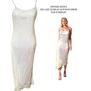 Y2K 2000'S VINTAGE‎ LACE OVERLAY WHITE/GOLD LONG MAXI SLIT DRESS MEDIUM 8